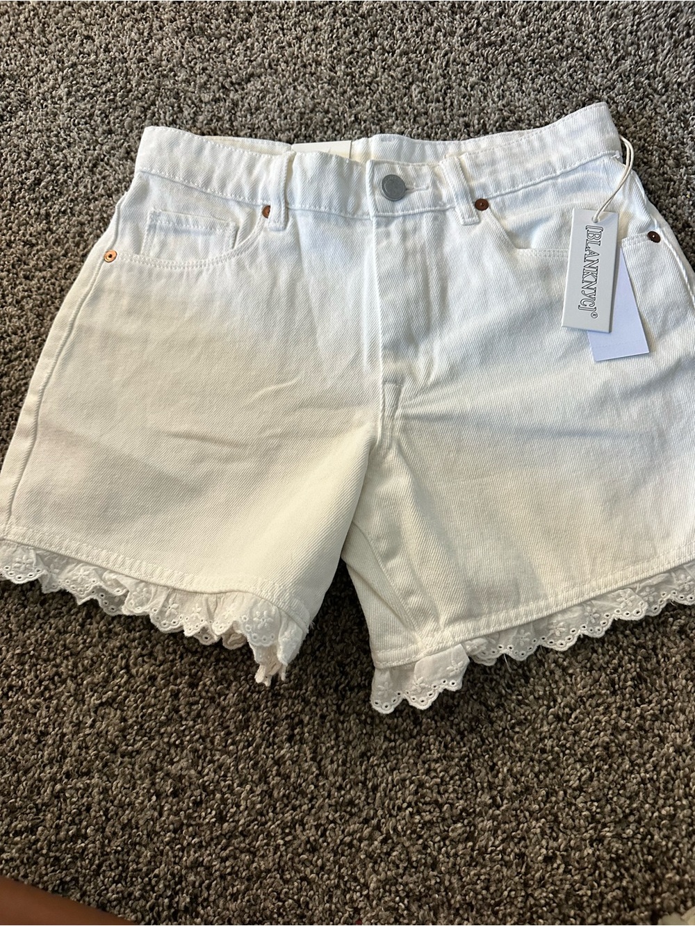 Blank NYC White Lace-Trim High-Rise Denim Shorts